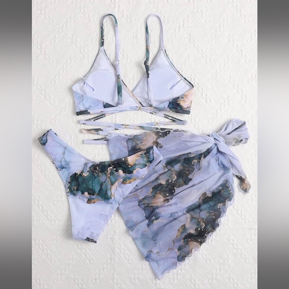 Shein 3 piece Marble Print Bikini Swimsuit with Beach Skirt NWT - Picture 3 of 17